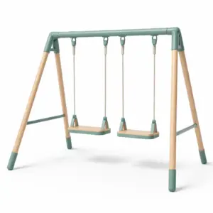 Set di altalena per bambini doppia in legno e metallo verde