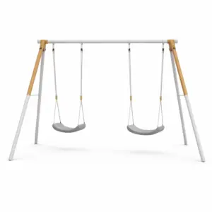 Set di altalena per bambini doppia in metallo e legno con sedili grigi